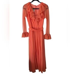 Jack Bryan Vintage 70s Coral Chiffon Long Sleeve Belted Ruffle Dress Size Small